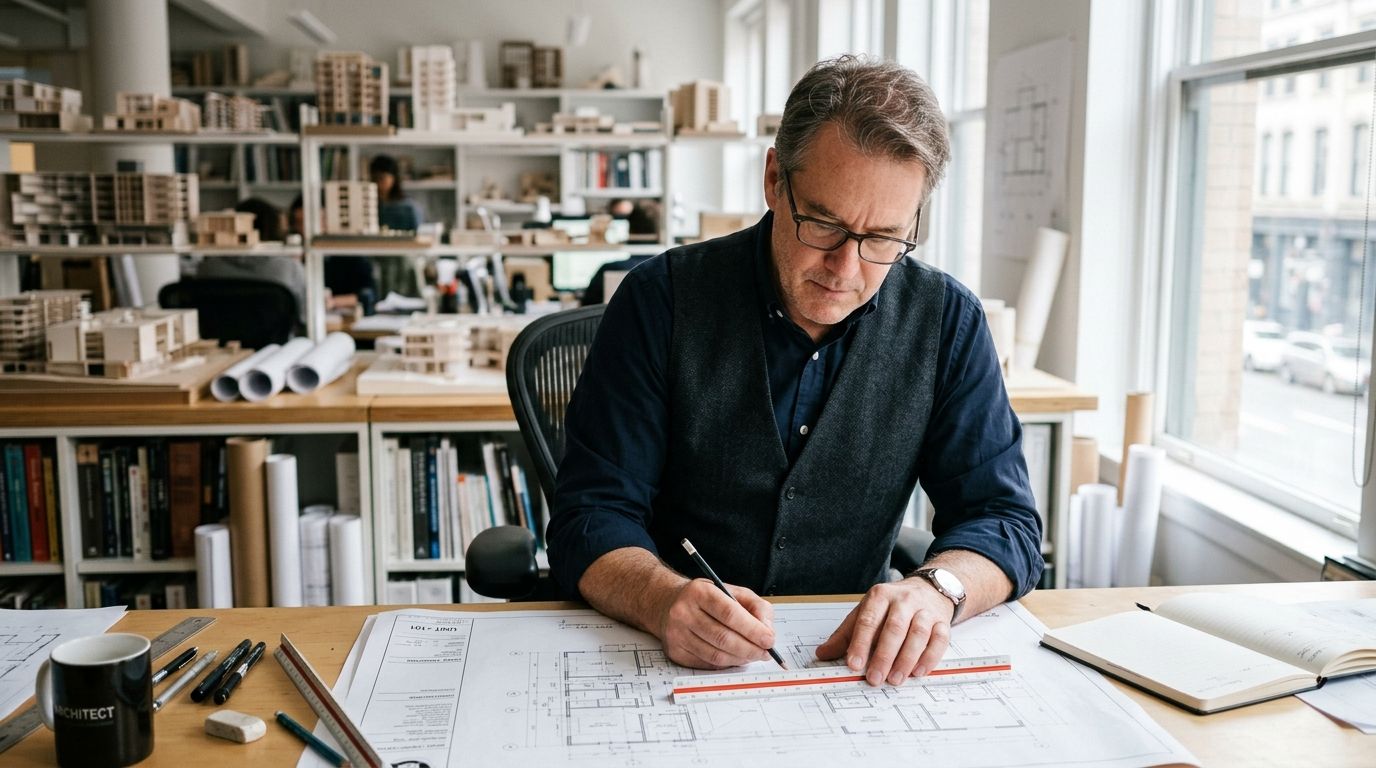 Portrait d'architecte travaillant sur un plan